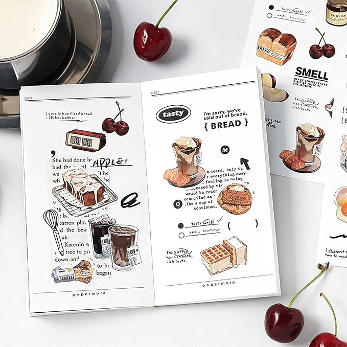 Maxleaf 12Sheets Vintage Adhesive Stickers for Scrapbook Decoration, Retro Foods Bread Fruits Bagel Convenience Store Stickers for Daily Life Diary Album Decoration