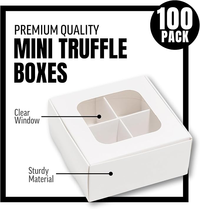 100 pcs White Mini Truffle Box for 4 Treats with Window and Dividers, Bakery Boxes, 3.5 x 3.5 x 1.57 Inches VERY SMALL Baking Boxes, Square Truffles Box for Gift Giving