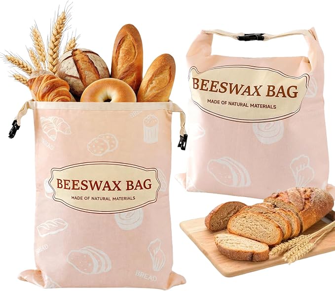 Beeswax Bread Bags for Homemade Bread, 2 Packs XL Reusable Cotton Linen Sourdough Bread Bags to Keep Bread Fresh (pink)