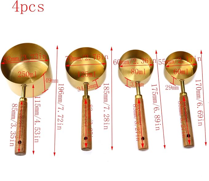 4 Piece Stainless Steel Measuring Cups with Wooden Handle, Measuring Cup Sets for Measuring Dry and Liquid Ingredients (4 Sizes - Gold)