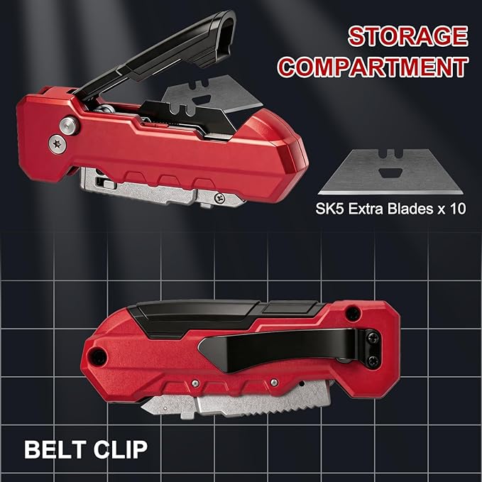 KeFanta Utility Knife Scraper, 2-in-1 Folding Razor Blade Scraper tool with 10PCS SK5 Extra Blades for Home Office, Heavy Duty Zinc Alloy Body, Built-In Blade Storage