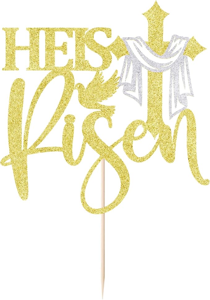 Gold Glitter He is Risen Cake Topper,First Holy Communion Baptism Cake/God Bless Cake Decorations/Jesus Happy Easter Theme Party Cake Decorations