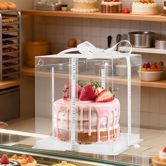 8Pcs Tall Cake Boxes Clear Box with Ribbon, 8x8x9 inch, for 6" cajas para pasteles Tiered Cakes,Transport Gift Boxes for Wedding Valentine'Day and Gift Display. (Clear, 8 * 8 * 9 inch/8pcs)