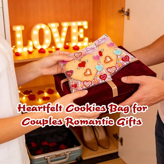 200PCS 5.5x5.5inch Valentine Cellophane Bags, Heart Cookie Bags | Clear Red Pink Lovely Printed Bags, Self Adhesive OPP Treat Bag for Cookie Bakery Present Gift Goodies DIY Candy Decorating