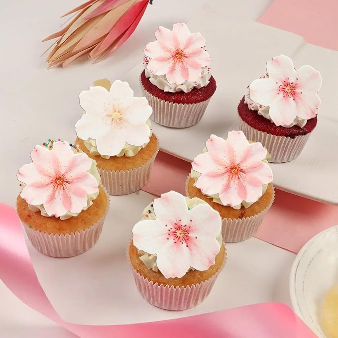 Gyufise 54Pcs Edible Cherry Blossoms Cupcake Toppers Edible Flowers Cake Decorations Wafer Paper Flowers Cupcake Topper for Baby Shower Kids Birthday Party Decorations Supplies Pink White