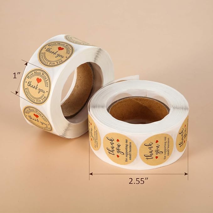 Outus 2000 Pieces Handmade with Love Stickers Roll Thank You Label Kraft Round Adhesive Stickers 4 Rolls, 500 Labels Per Roll for Present Bags Wedding Thanksgiving, 1 Inch