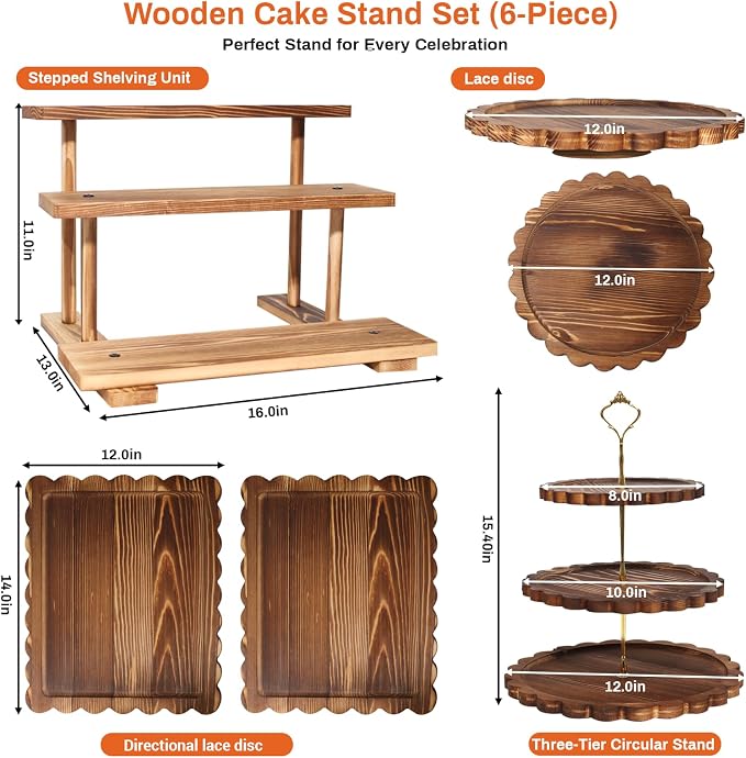 Set of 6 Wooden Dessert Table Display Set, Tiered Cupcake Stand & Serving Trays, 3-Tier Cupcake Tower, Round/Flat Platter, Cake Stand, Rotating Tray for Wedding, Party, Birthday