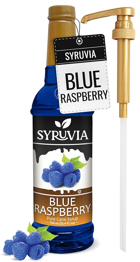Syruvia Blue Raspberry Syrup, Flavored Syrup for Cocktails, Fruit Drinks, Lemonades, and Desserts – 25.4 fl oz - with Pump