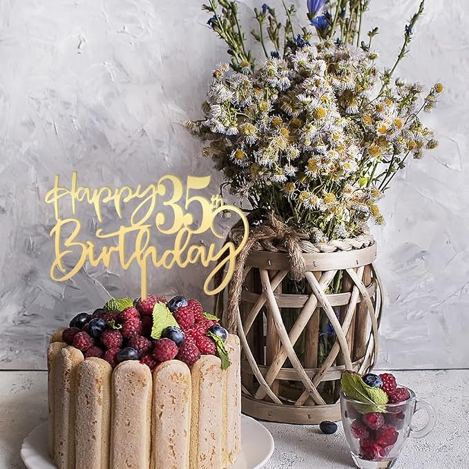 Happy 35th birthday cake Topper,Mirrored Gold Acrylic Durable Cake Topper,35th Birthday Party Cake Decorations,Hello 35th years old, Happy thirty-five years old, Birthday Party Decorations