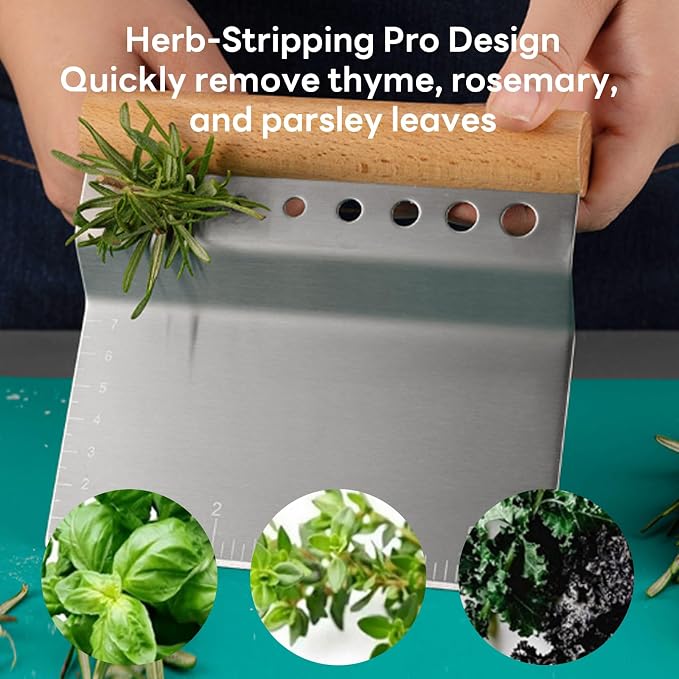 Bench Scraper Kitchen Herb Stripper,Dough Scraper Cutter,Food Scraper Tool Kitchen Stainless Steel with Measurement Markings