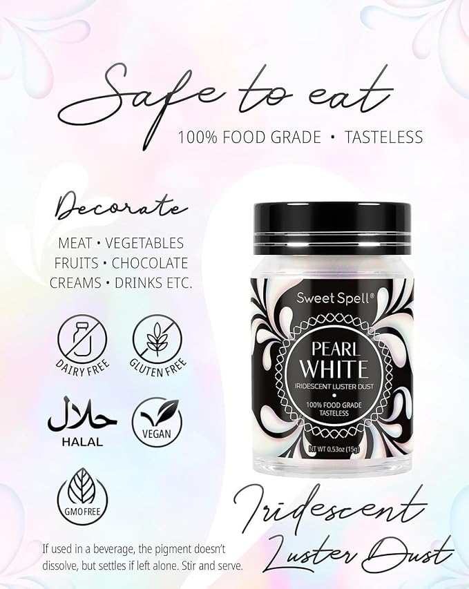 Sweet Spell Luster Dust Edible Glitter (15g) - Shimmer Pearl Dust Powder for Decorating Cakes, Chocolate, Drinks, Cocktails - 100% Edible, Food Grade, Vegan, Gluten-Free (Pearl White)