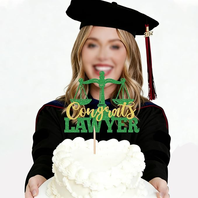 1 Pack Congrats Lawyer Cake Topper Glitter Class of 2026 Law School Survivor Cake Pick 2026 Graduation Cake Decorations for 2026 Lawyer Graduation Party Supplies Green Gold