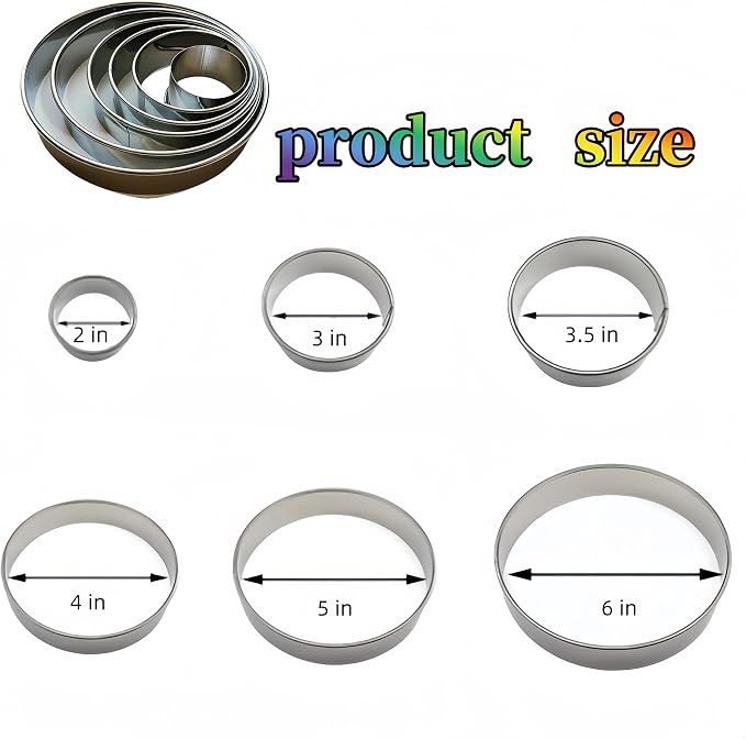 6 Pcs Round Stainless Steel Cookie Cutter Set (2, 3, 3.5,4, 5, 6 Inch),Large Stainless Steel Donut Cutter for cookies, cakes,Baking,Sandwiches, Durable and Easy to clean ﻿ ﻿ ﻿