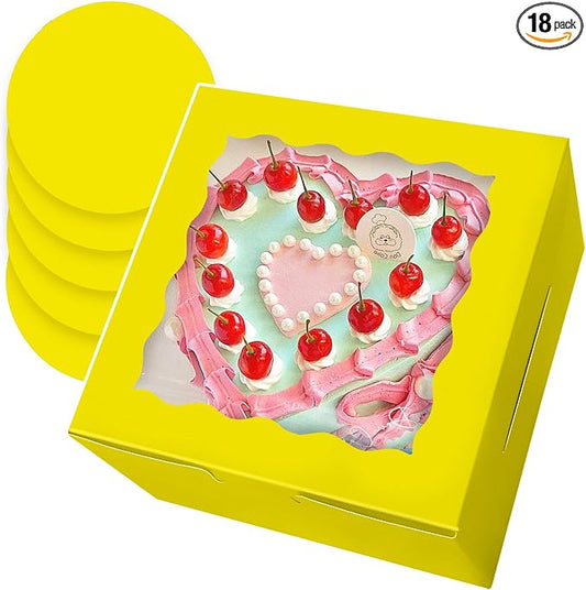 Bakepacker 36pcs 8x8x5 Inches Cake Boxes with Window 18-Packs Yellow 8 Inch Bakery Boxes (18 Cake Boxes +18 Cake Boards Included)