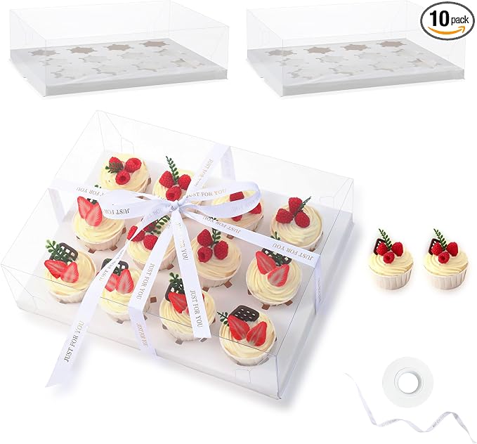 12 Count Clear Cupcake Boxes 10 Packs Cup Cake Holder Containers with Gift Ribbon plastic Cupcake Carrier for Treat Dessert Cookies Muffins Packaging for Party Baking Wedding