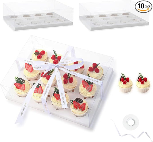 12 Count Clear Cupcake Boxes 10 Packs Cup Cake Holder Containers with Gift Ribbon plastic Cupcake Carrier for Treat Dessert Cookies Muffins Packaging for Party Baking Wedding