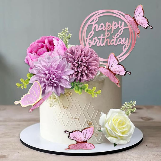 14 PCS Butterfly Cake Toppers Happy Birthday Cake Decorations with Artificial Purple Flowers Eucalyptus Butterflies for Girls Birthday Party Wedding Baby Shower Supplies (Purple)