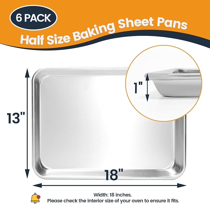 6 Pack Half Size Aluminum Baking Sheet Pan, 18 x 13 in | NSF, Aluminum Commercial Cookie Sheets, Non-Stick, Oven Safe Up to 500℉
