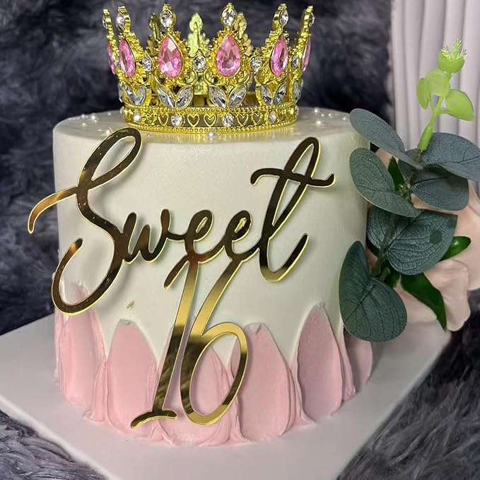 Sweet 16 Cake Topper, Gold Acrylic Finally 16 Cheers to 16 Years Cake Decoratio,16th Birthday Party Decoration,Sweet Sixteen Theme Party Decorations for Birthday Anniversary Wedding Party Cake Decor