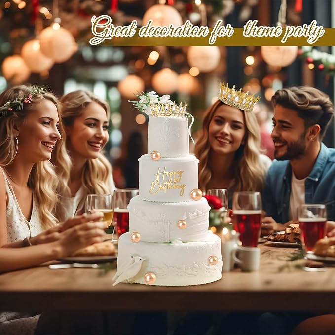 8 Pcs Gold Queen Crown Cake Topper for Women, Happy Birthday Cake Toppers Foam Balls Rhinestone Crystal Tiara Wedding Decoration for Princess Party Photo Props