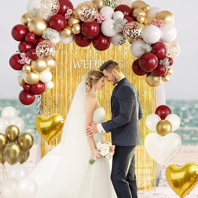 157PCS Burgundy Gold White Balloons Arch Garland Kit with Gold Fringe Curtain for Women Girls Birthday Wedding Bridal Shower Valentine's Day Party Decorations