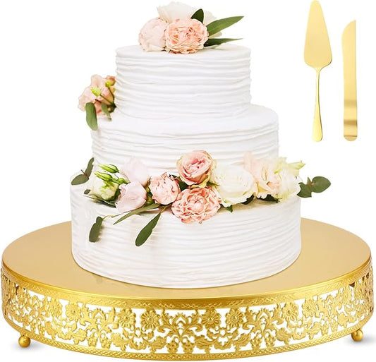 Wenqik 16 Inch Gold Cake Stand Set Metal Round Cupcake Dessert Stand with Cake Cutting, Flower Spatula Wedding Cupcake Pastry Display Candy Holder Display for Wedding Party Birthday Baby Shower