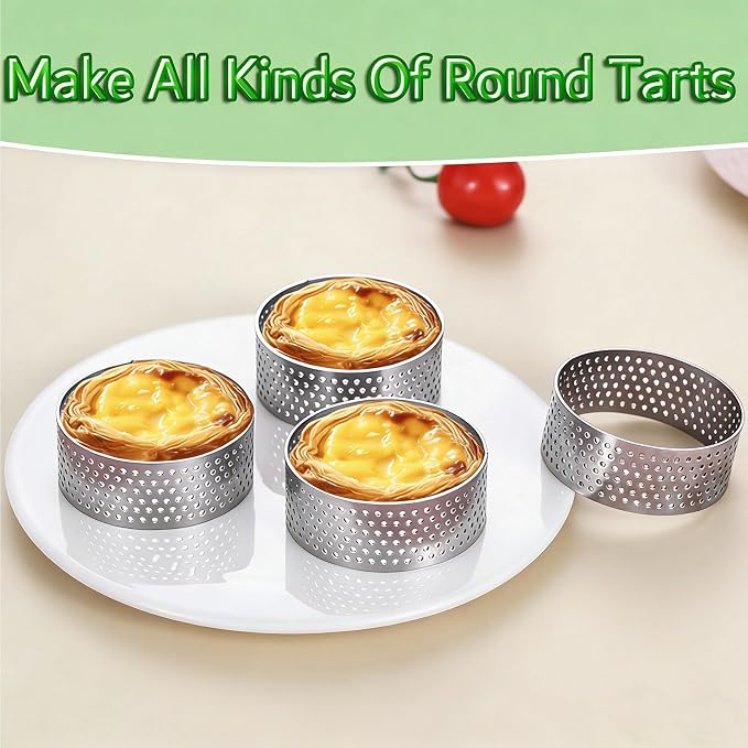 DATANYA 12Pack Tart Rings Perforated Tart Ring, Stainless Steel Cake Rings 2.36Inch Round Mousse Ring Molds for Baking Cooking Dessert, small fruit tartet crust 6cm
