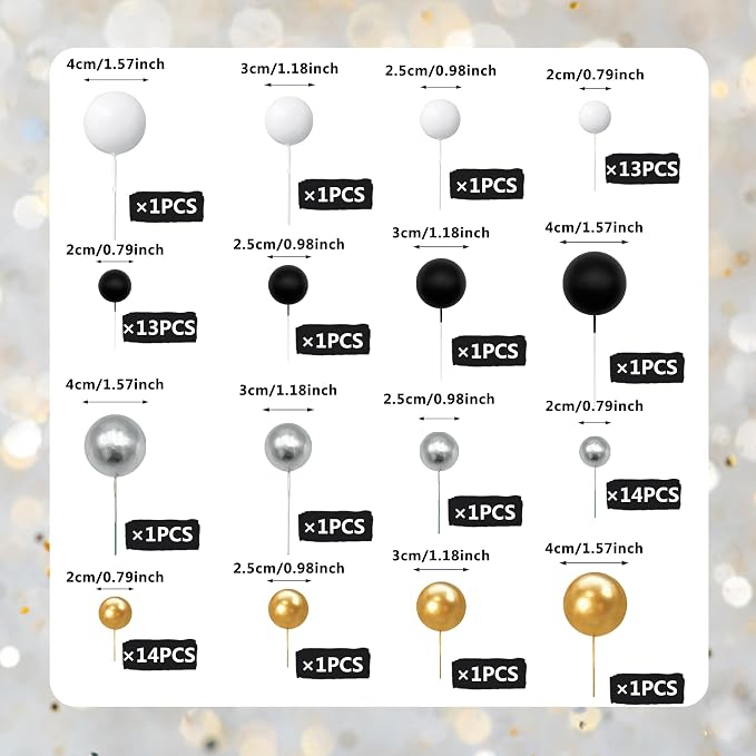 66 PCS Ball Cake Picks Black Silver White Gold 4 Sizes for DIY Baking Decoration Cupcake Toppers and Wedding Anniversary Birthday