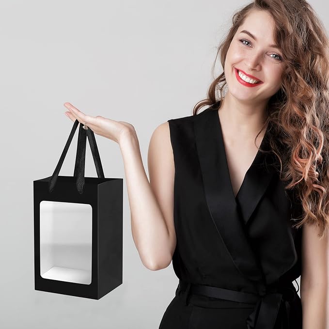 Black Paper Gift Bags 24Pcs with Transparent Window, 9.84"x7.0"x5.12" | Kraft Shopping Bags with Handles for Bouquet Christmas Birthdays Festivals Party Weddings Wrapping