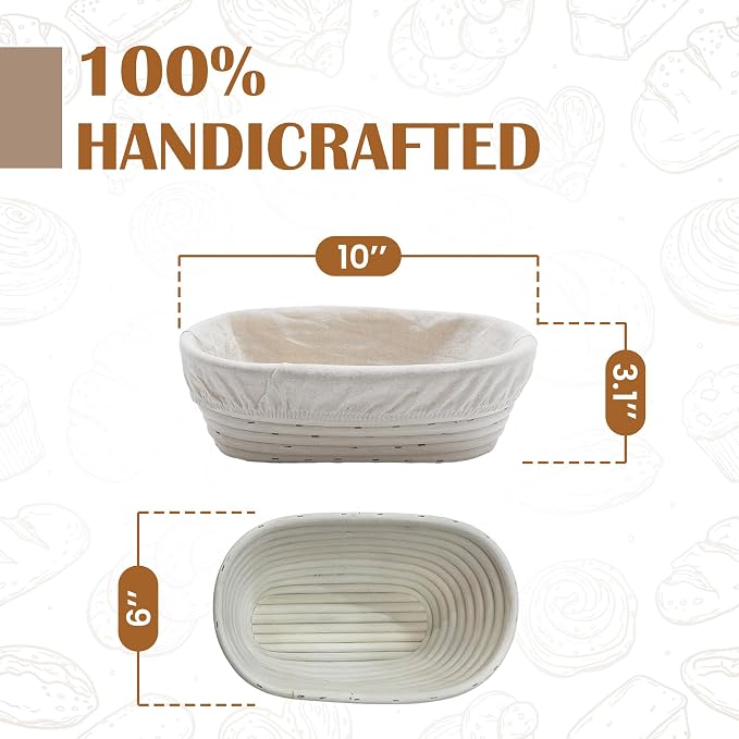 ANHVU HANDICRAFTS Banneton Proofing Basket Set of 2 - Oval 10" x 6" x 3.1" Natural Rattan Dough Rising Baskets with Washable Linen Liners for Artisan Sourdough and Homemade Bread Baking