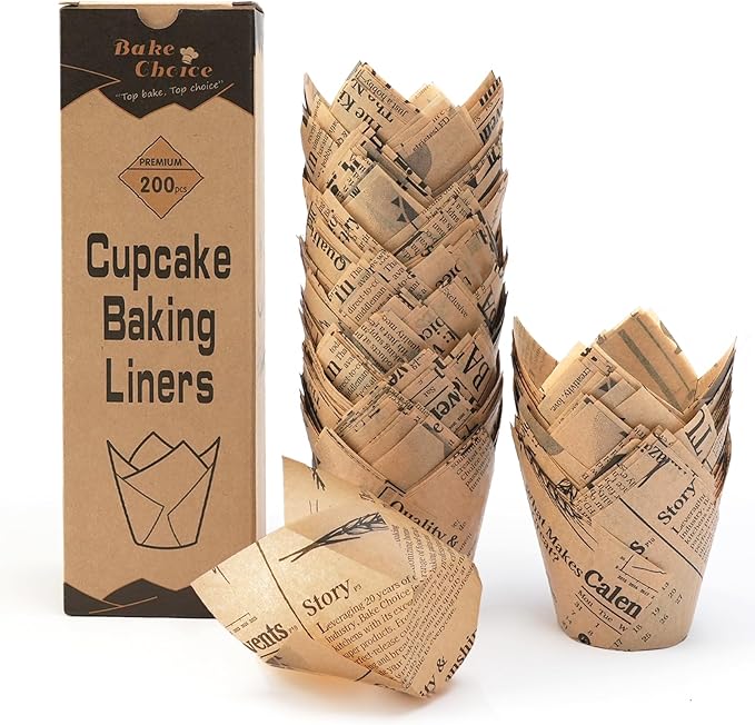 Bake Choice 200pcs Tulip Cupcake Liners for Baking Cups Newspaper Print Parchment Paper Tulip Muffin Liners, Grease Resistant Cupcake Wrappers for Party, Christmas