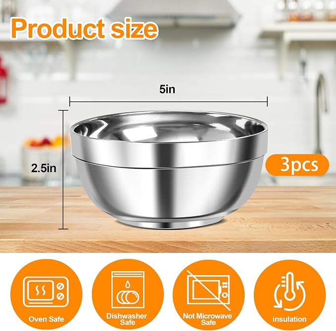 3 Pack Stainless Steel Bowls, 12oz Double-Walled Insulated Serving Dishes Snack Bowls for Ramen, Salad, Ice Cream, Soups