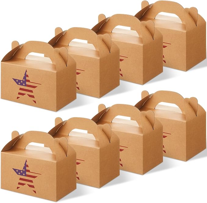 Colarr 48 Pcs 4th of July Treat Boxes Patriotic Star Prints Goodie Boxes with Handles 250th Anniversary Kraft Paper Cookie Box Candy Party Favor Box for Independence Day Fourth of July Celebration