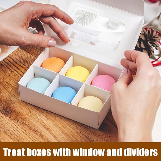 50 Pcs Kraft Treat Boxes with Window and Dividers, Empty Candy Truffle Baking Boxes, Square Cupcake Cookies Containers for Wedding Gift Giving (5 x 3.54 x 1.57 Inches,White)