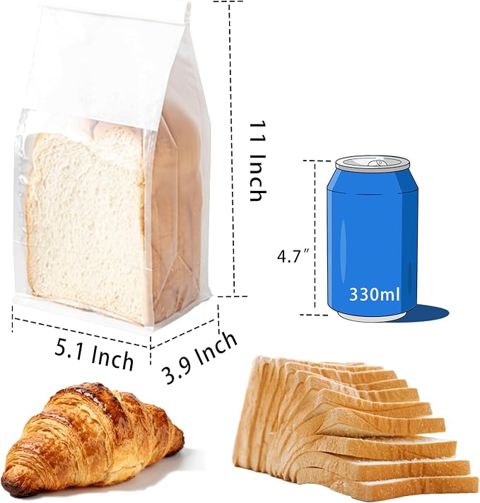 50 Pcs Bread Bags for Homemade Breads, 5.1 x 3.9 x 11 Inch Small White Bakery Bags with Tin Tie, Cotton Paper Loaf Bag, Storage Packing Bag with Clear Window
