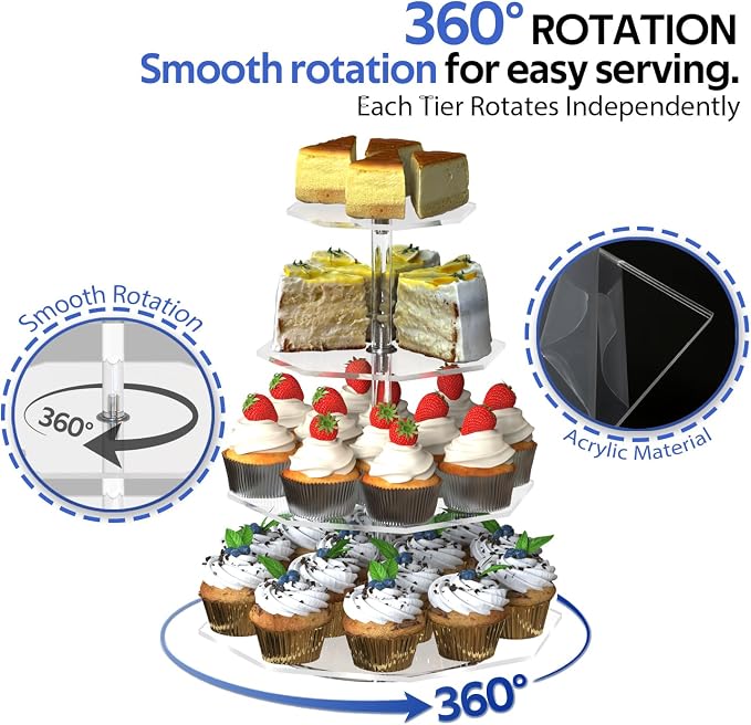4-Tier Rotating Cupcake Stand, Clear Acrylic 360° Spinning Dessert Display Tower for Cakes & Pastries, Serving Stand for Weddings, Birthdays, Parties-Polygon