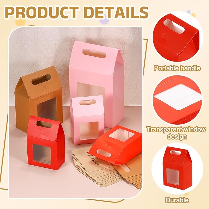 uxcell 12Pcs Gift Boxes, Favor Box with Clear Window and Handle, Stand Up Favor Treat Boxes for Candy, Cookies, Party Store, Packaging, Wedding, Red