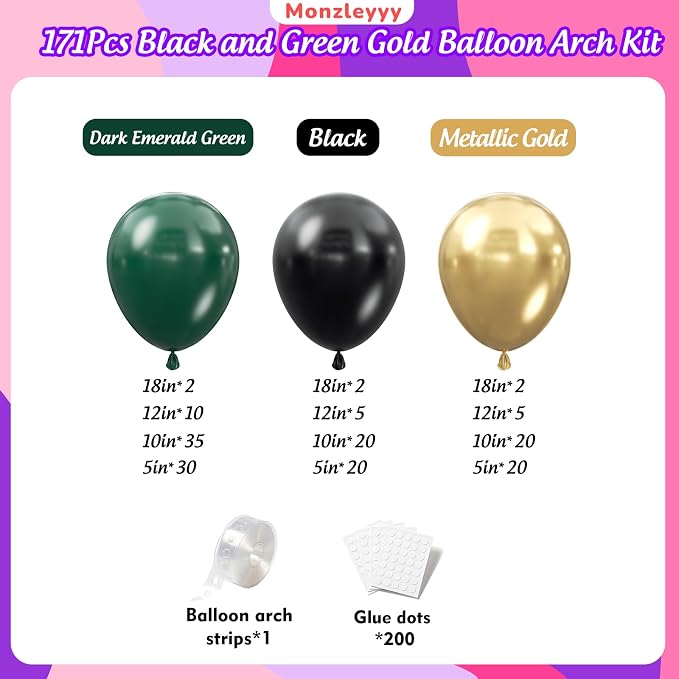 171Pcs Black Green Gold Balloons Garland Arch Kit - 18 12 10 5 Inch Different Sizes Forest Dark Green Black Gold Latex Balloon for Birthday, Anniversary, Jungle, Camo Army Party Decorations