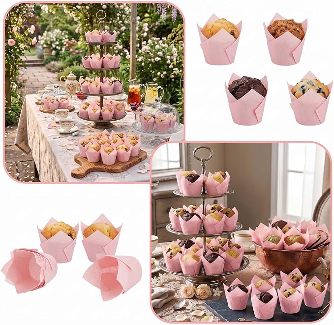 200 Pcs Pink Tulip Cupcake Liners for Baking, Standard Size | Standard Greaseproof Tulip Muffin Liners for Baking, 3oz Pink Paper Cupcake Wrappers for Party Wedding Birthday