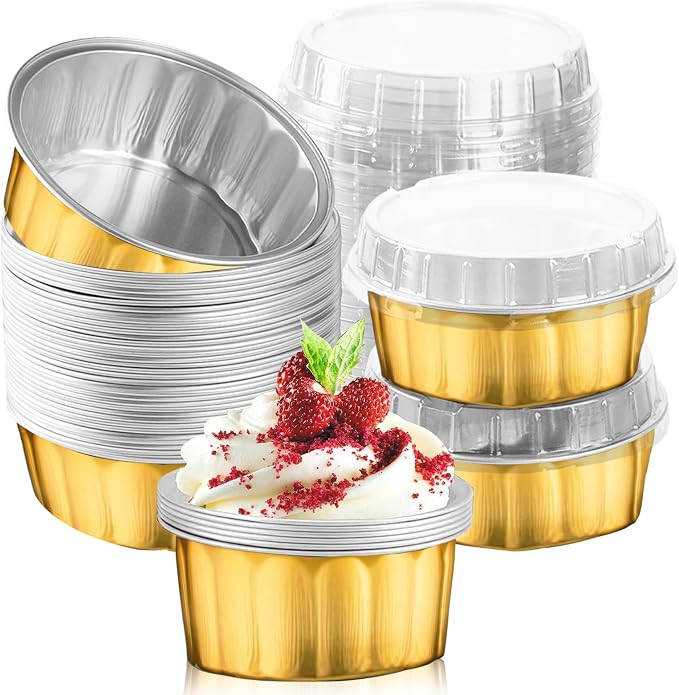 100 Pcs 8 oz Aluminum Foil Cup with Lids Disposable Ramekins with Lids Disposable Ramekin Baking Cups Foil Cupcake Containers for Wedding, Christmas, Kitchen, Party (Silver, Gold, 8 oz)