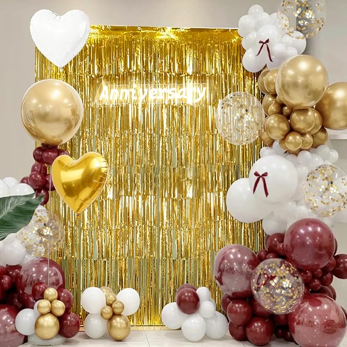 157PCS Burgundy Gold White Balloons Arch Garland Kit with Gold Fringe Curtain for Women Girls Birthday Wedding Bridal Shower Valentine's Day Party Decorations