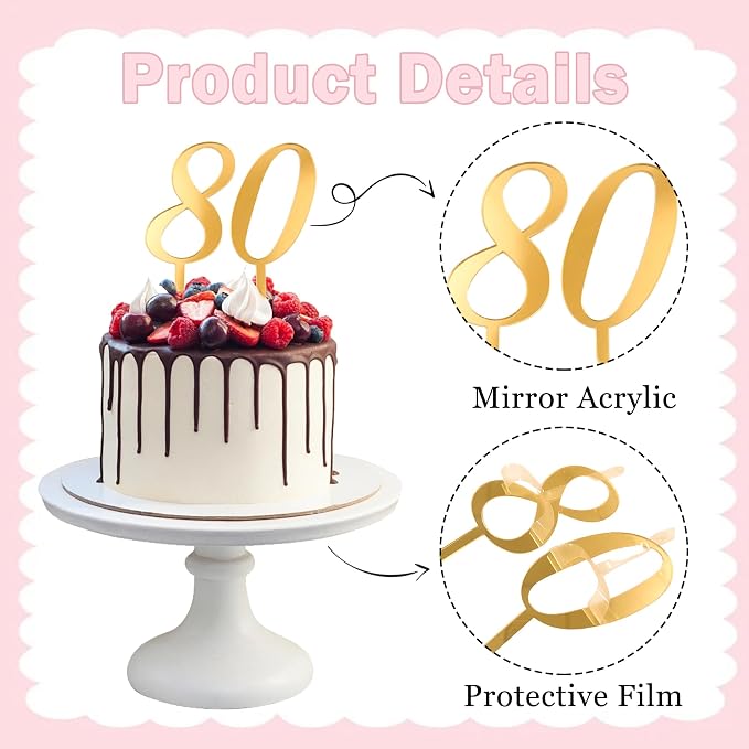 Gold Mirror Acrylic 80 Cake Topper Number 80 Anniversary Cake Decor Elegant Cake Decoration for 80th Birthday Party Celebration Supplies