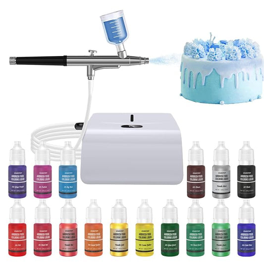 Cake Decorating Kit with Compressor, Cookie Airbrush with 12 Food Coloring Liquids and 4 Metallic, Food Airbrush Set for Dessert, Cupcakes Decorating