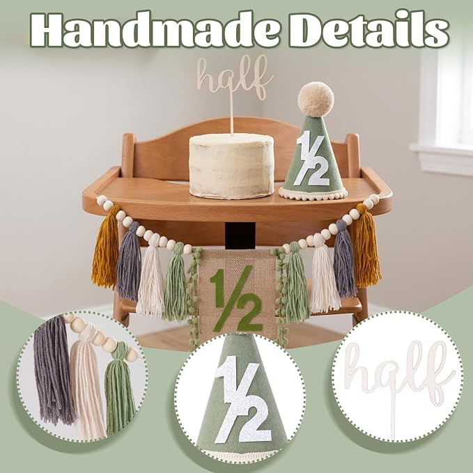 CWK Half Birthday Decorations for Baby, 1/2 Birthday High Chair Banner with Cone Hat & Cake Topper, Half Way to One Party Kit, Photo Props for 6 Month Baby Birthday(Green)