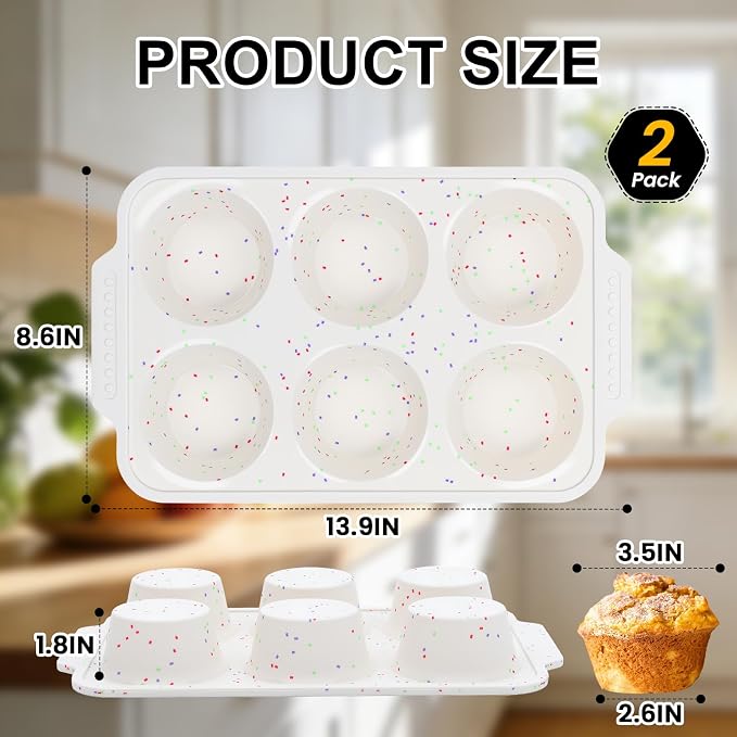 Vinino 2-Pack Silicone Jumbo Muffin Pan for Baking with Metal Reinforced Frame, 6 Cups Jumbo Cupcake Pan with Non-Slip Handle, Nonstick Muffin Tray for Oven, BPA Free, Dishwasher Safe