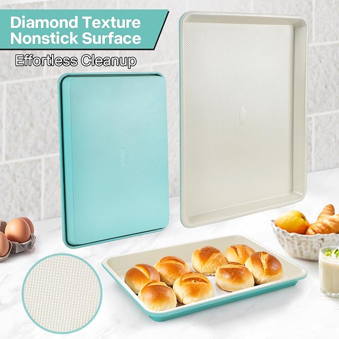3-Pack Blue Ceramic-Coating Baking Sheet Pans, PFOA/PFOS/PTFE-Free Nonstick Cookie Sheet Trays, 0.8mm Thick Heavy Duty, with Diamond Texture, Replacement Toaster Oven Tray for Everyday Baking