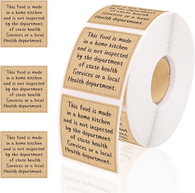 800pcs Cottage Food Law Labels 1.5x1.5 in Square - Kraft Brown | Made in a Home Kitchen Sticker Inspection Statement Ingredient Label for Homemade Bakery Farmers Market Food Packaging