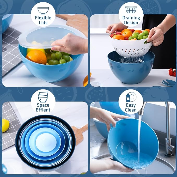 LUXEAR 15 Piece Mixing Bowls with Lids Set, Super Large(6.87-0.21QT) Plastic Nesting Bowls 6 Prep Bowls 6 Lids 1 Colander 2-in-1 Spoon Microwave Dishwasher Safe for Preparing Mixing Serving Storing