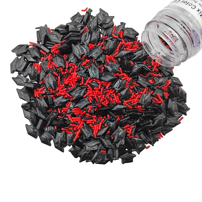 Graduation Day Sprinkles, Red Black Jimmies Sprinkles, Edible School Graduation Hat Sprinkle Candy Soft Jimmies Toppings for Ice Cream, Cupcake, Cake Decorating, Cookie, Dessert Decorating