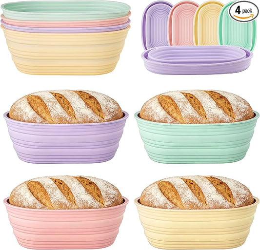 4 PCS 10Inch Silicone Bread Proofing Baskets Oval Banneton Basket Collapsible Sourdough Bread Baking Supplies Non-stick Dough Proofing Bowls Containers Oven Safe for Breads Making